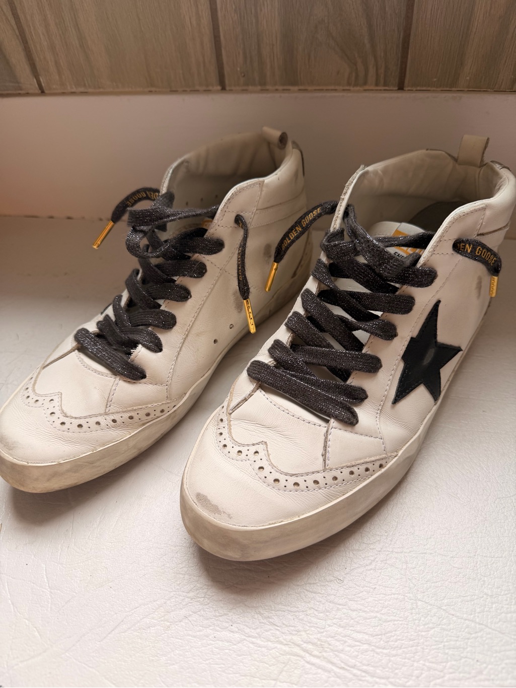 Golden Goose Mid Star Sneakers White Black Leather Sz 41 W/ Receipt Lurex Laces